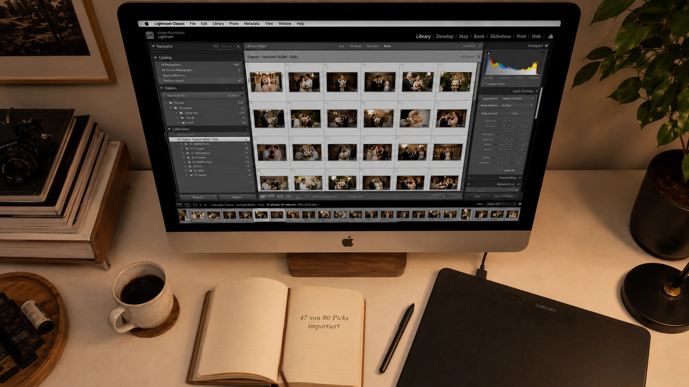 Lightroom-Workflow auf einem Laptop, der Bilder an eine Frames-Galerie übergibt